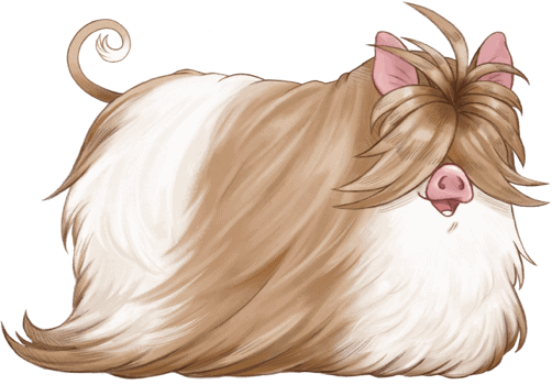 An illustration of a happy pig with brown and white hair all over and covering eyes