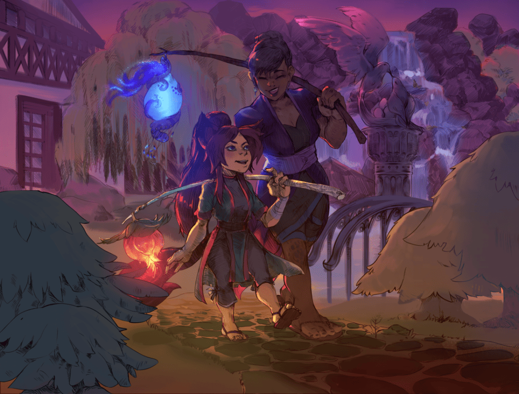 A giant and her gnomish girlfriend on a scenic stroll home from the market, aglow by the light of the sunset and their lanterns. Hues of pink, purple, and orange make up this illustration. 